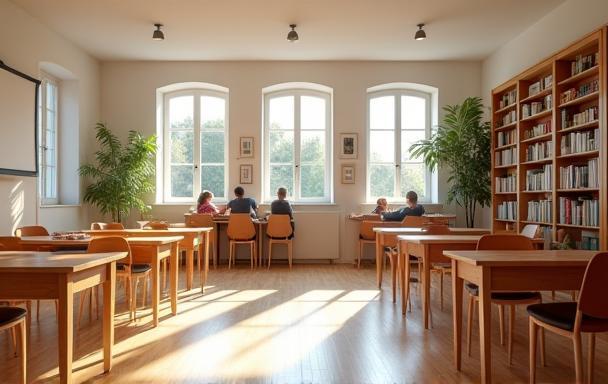 Comfortable language tutoring classroom in central Lyon with books and welcoming décor