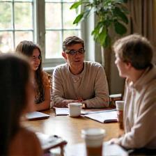 Relaxed conversation session around a table, coffee and notebooks visible