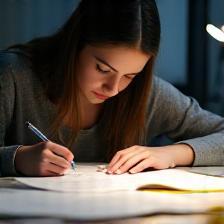 Student practicing for language exam with exam papers
